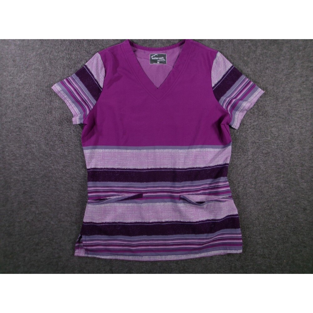 Butter Soft Scrub Top S Purple V Neck Durable Striped Nursing Medical Uniform